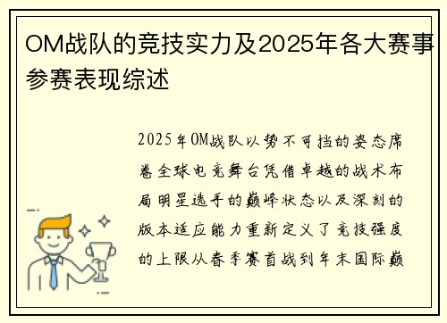 OM战队的竞技实力及2025年各大赛事参赛表现综述