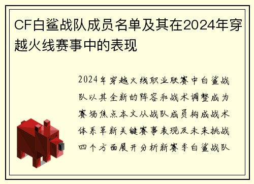 CF白鲨战队成员名单及其在2024年穿越火线赛事中的表现